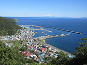 羅臼市街と根室海峡の夏の風景